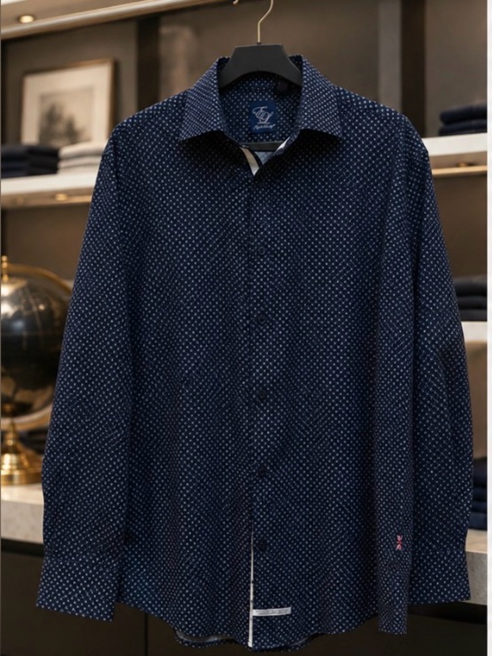 English Laundry Men’s Navy Geometric Print Dress Shirt — Size XL